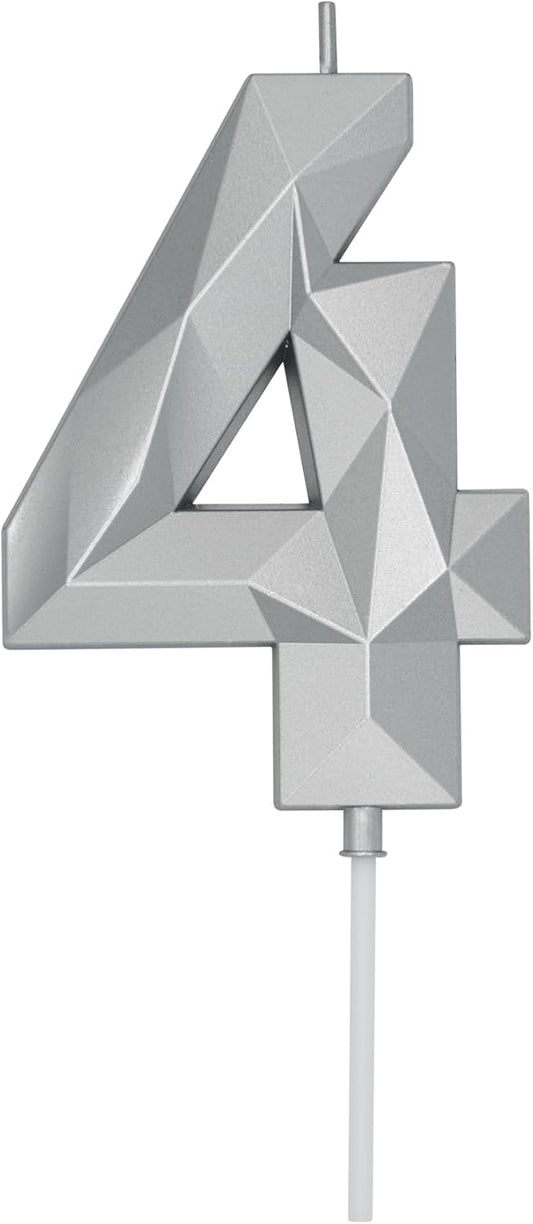 DERVENTA Birthday Candle Big Number 3D Silver 3.7 inch Party Celebration Anniversary Decoration Cake Topper 1 Piece (Number 4 Silver)