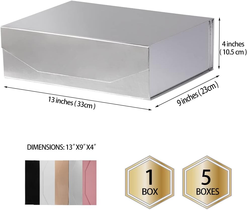 5 Silver Large Gift Boxes with Lid 13x9x4 Inches, Bridesmaid Proposal Boxes, Hard Collapsible Gift Box with Magnetic Closure, Groomsman Box Reusable Gift Boxes for Clothes (Glossy Silver)