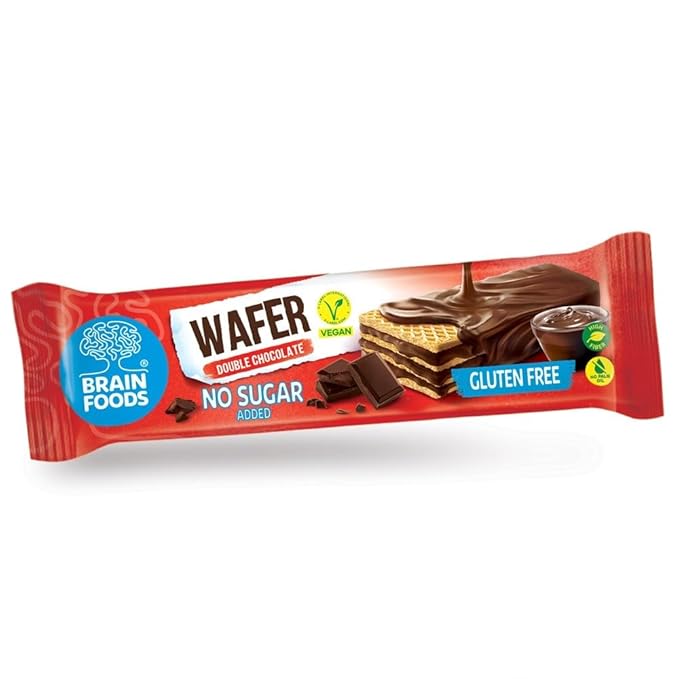 BRAIN FOODS Gluten Free Vegan Double Chocolate Wafers - 12 Bars, No Sugar Added, High Fiber, No Palm Oil, 1.4 oz, 170 Calories, Guilt Free Snack, Natural Chocolate Flavor