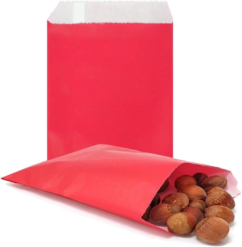 AZOWA Red Paper Treat Bags 6 x 3 Red Paper Candy Bags for Candy Buffet (100 CT, 6 x 3 IN)