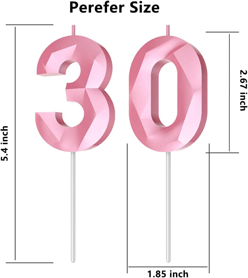 Number Birthday Candles(30 Candle Pink) 3D Diamond Shape 30th Happy Birthday Cake Topper Decorations for her him Birthday Wedding Anniversary Celebration Theme Party Supplies