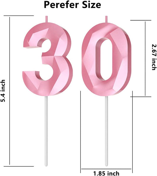 Number Birthday Candles(30 Candle Pink) 3D Diamond Shape 30th Happy Birthday Cake Topper Decorations for her him Birthday Wedding Anniversary Celebration Theme Party Supplies