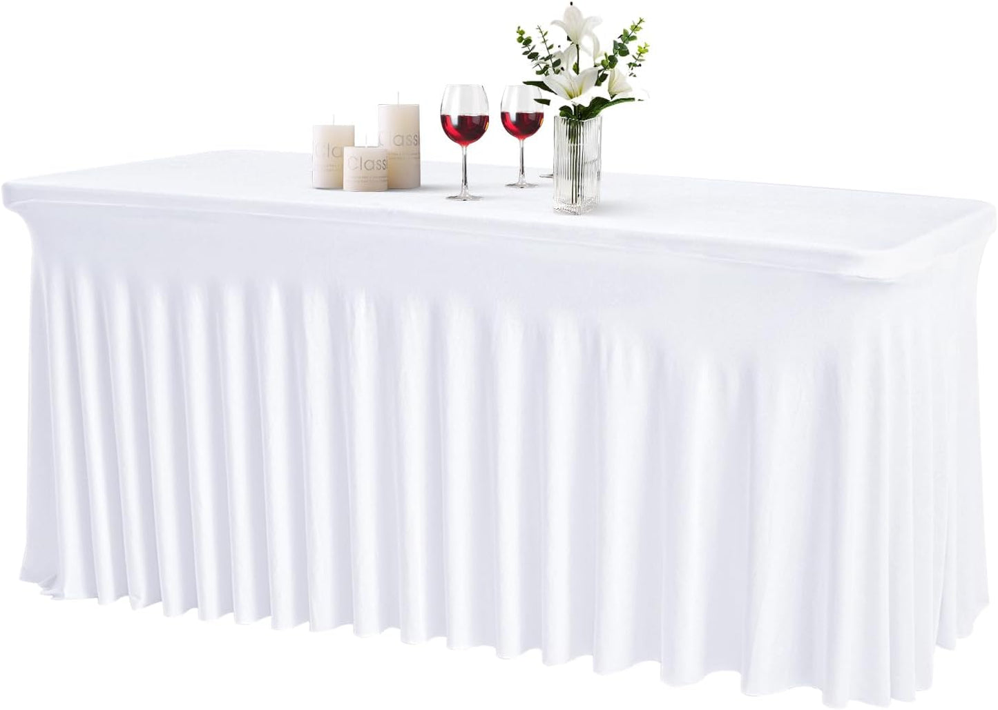 JCJ Table Skirt for Rectangle Tables Spandex Fitted White Tablecloths for 4FT Tables, Wrinkle Resistant Ruffles Elastic Table Cover Skirts for Teacher Desk Weddings Banquets Parties