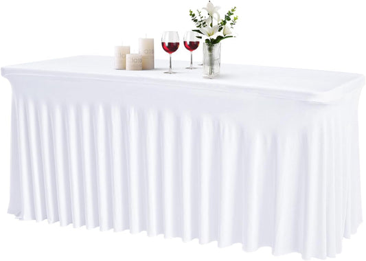 JCJ Table Skirt for Rectangle Tables Spandex Fitted White Tablecloths for 4FT Tables, Wrinkle Resistant Ruffles Elastic Table Cover Skirts for Teacher Desk Weddings Banquets Parties
