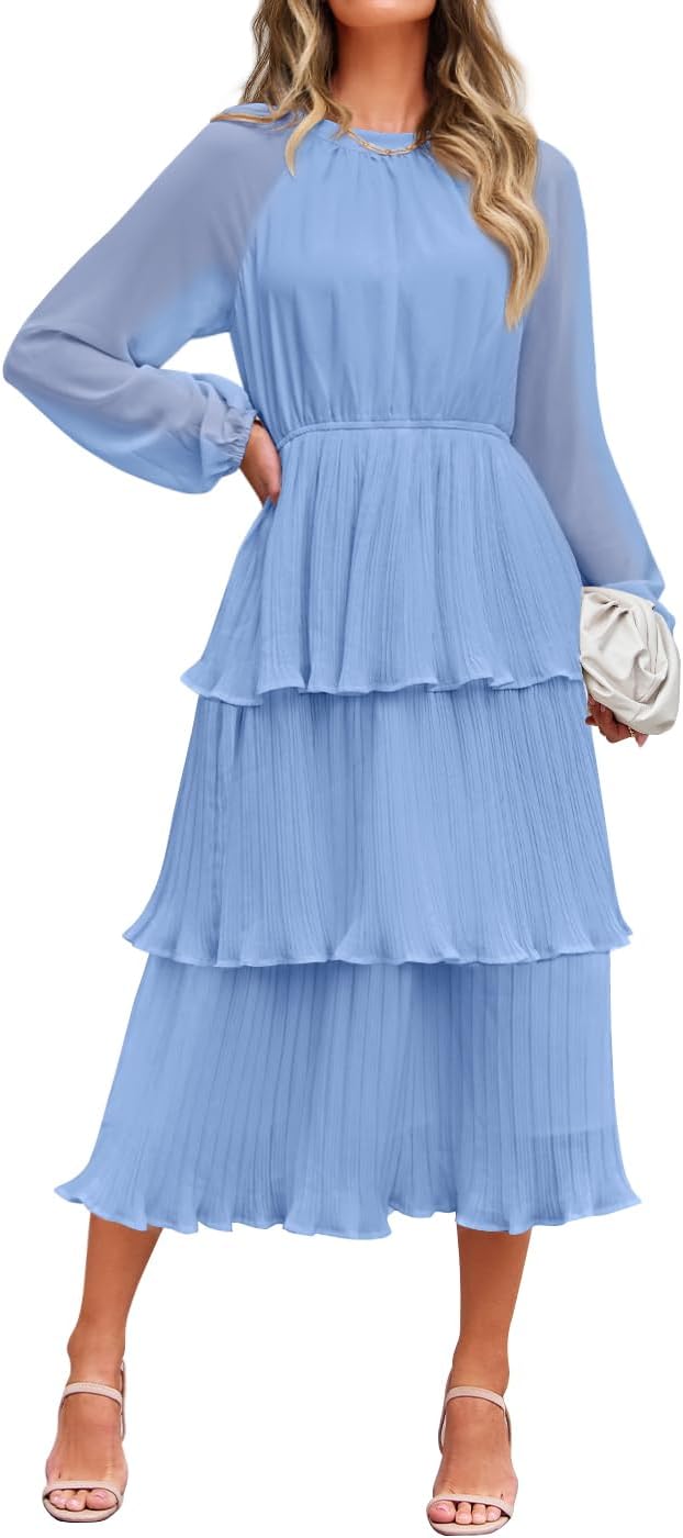 ZESICA Women's 2025 Long Sleeve Crew Neck Ruffle Tiered Layered Chiffon Flowy Swing Long Midi Dress