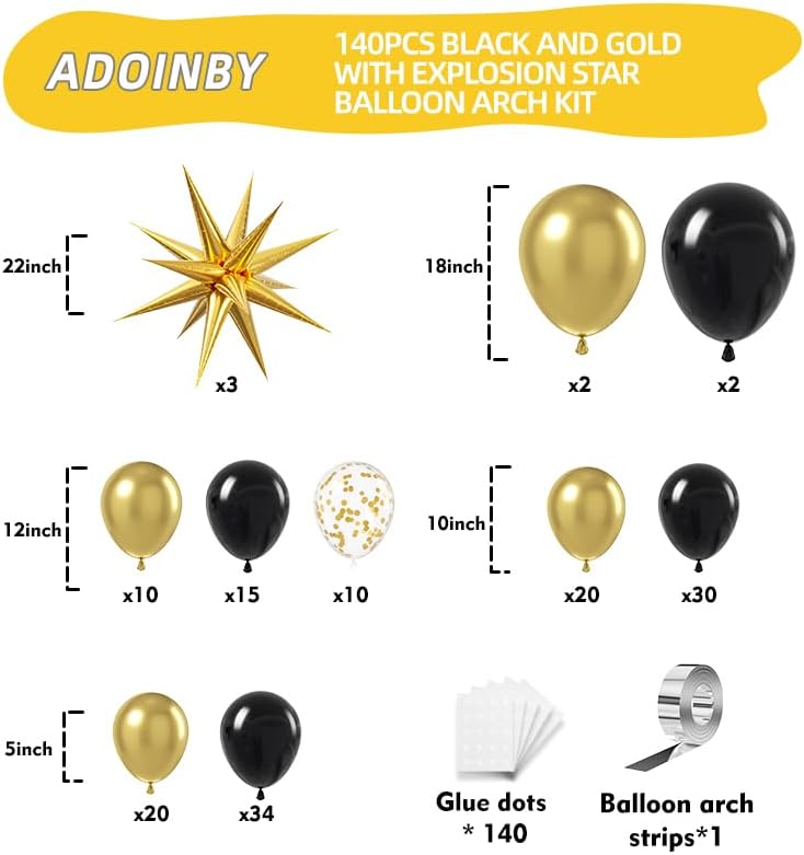 Black and Gold Balloon Arch Kit, 140Pcs Explosion Star Black and Metallic Gold Balloons 22 18 12 10 5 Inch Different Size Balloons for Birthday Anniversary Graduation New Year Decorations