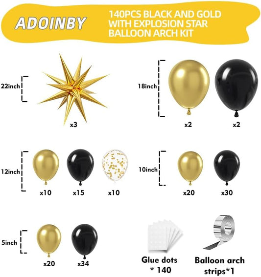 Black and Gold Balloon Arch Kit, 140Pcs Explosion Star Black and Metallic Gold Balloons 22 18 12 10 5 Inch Different Size Balloons for Birthday Anniversary Graduation New Year Decorations