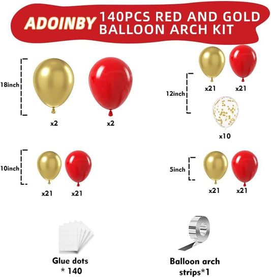Red and Gold Balloon Arch Kit, ADOINBY 140Pcs Gold Balloon Red Balloon Confetti Balloon 18 12 10 5 Inch Different Size Balloons for Valentine's Day Wedding Birthday Engagements Anniversary Decoration