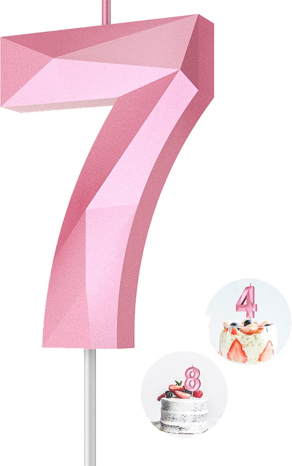 Number Birthday Candles(7 Candle Pink) 3D Diamond Shape 7th Happy Birthday Cake Topper Decorations for Girl Women Birthday Wedding Anniversary Celebration Theme Party Supplies