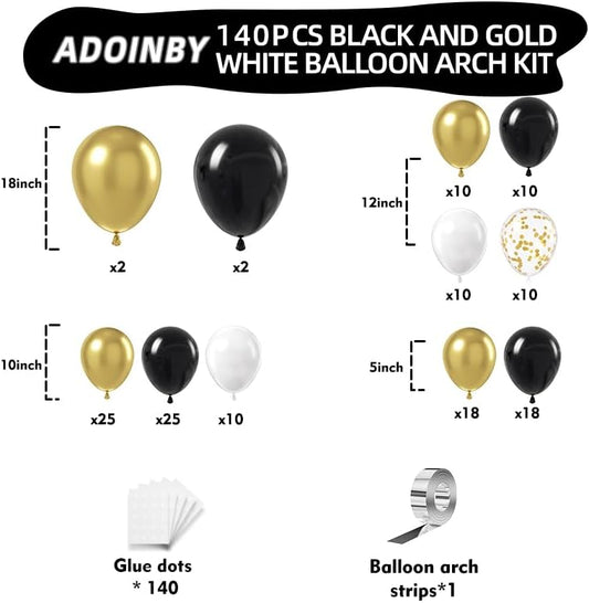 Black and Gold Balloon Arch Kit, ADOINBY 140Pcs Black White Metallic Gold Confetti Latex Balloons 18 12 10 5 Inch Different Size Balloons for Birthday Anniversary Graduation Wedding Party Decorations