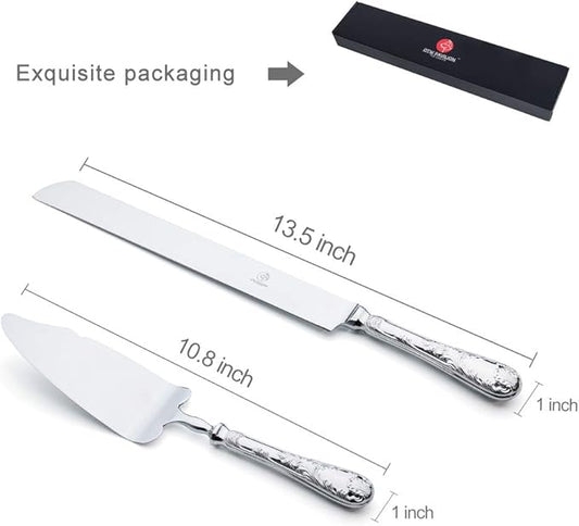 OTW PAVILION 2 Piece Wedding Cake Server Set,18/10 Stainless Steel Dessert Set Pie Server Cake Cutter Knife for Birthday,Anniversary,Holiday,Baby Shower,Party (Versailles, Stainless steel-V)