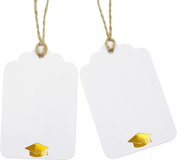 ASYEHJNR 100Pcs Blank Gift Tags with String Foil Gold Grad Cap Large White Paper Gift Tags with 65 Ft Jute Twine for Congrats Grad Congratulations Graduation Party