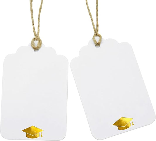 ASYEHJNR 100Pcs Blank Gift Tags with String Foil Gold Grad Cap Large White Paper Gift Tags with 65 Ft Jute Twine for Congrats Grad Congratulations Graduation Party