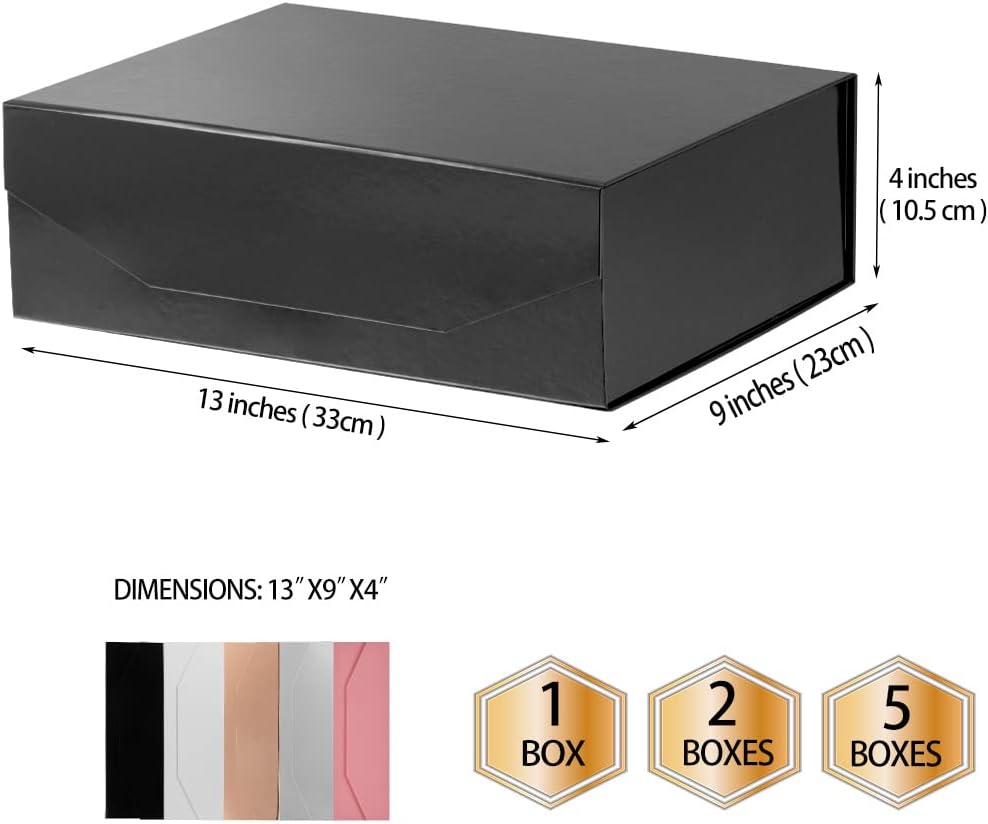 2 Black Large Collapsible Gift Box with Lid 13x9x4 Inches, Bridesmaid Proposal Box, Hard Box with Magnetic Closure, Groomsman Box Reusable Gift Box for Clothes (Glossy Black)