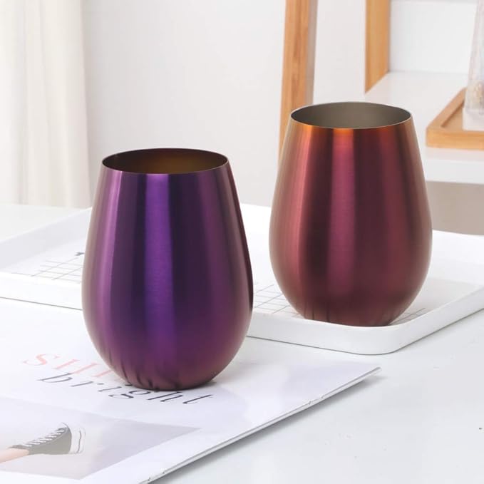 Buyer Star 304 Stainless Steel Wine Glasses Set of 4 - Large 17 oz Outdoor Stemless Wine Tumblers - 100% Unbreakable & Stemless Metal Drinking Cups for Home and Outdoors (Purple, Set of 4)