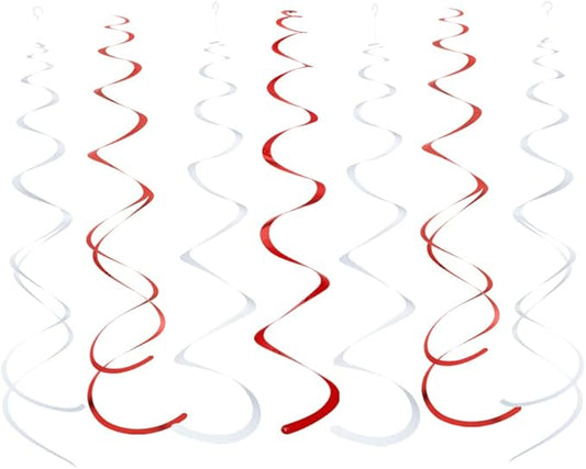 MOWO Red and White Foil Swirl Hanging Decoration for Birthday Graduation Wedding New Year Valentine's Day Party Supplies,Pack of 20