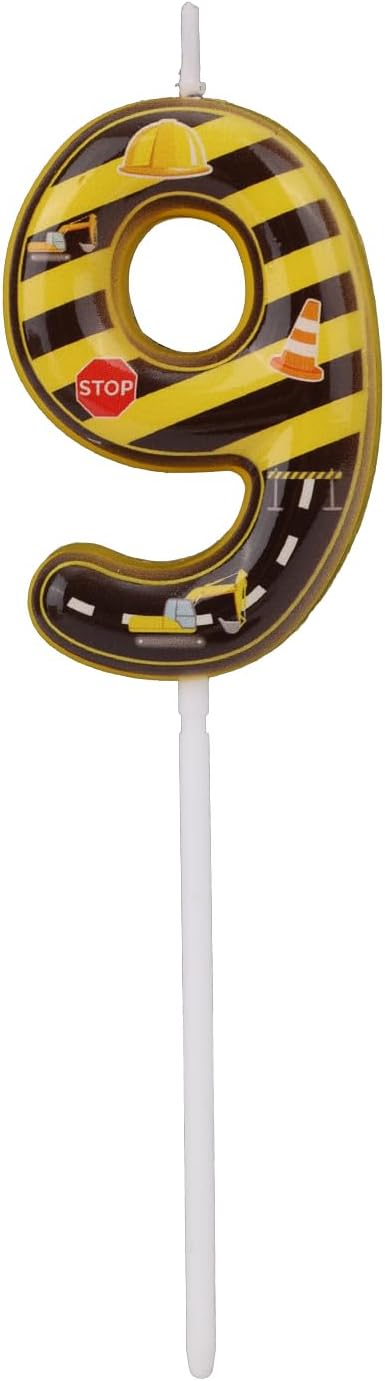 Construction Birthday Number Candles, Yellow & Black Striped Cake Topper Building Theme Party Decorations for Graduation Anniversary Celebration (Number 9)