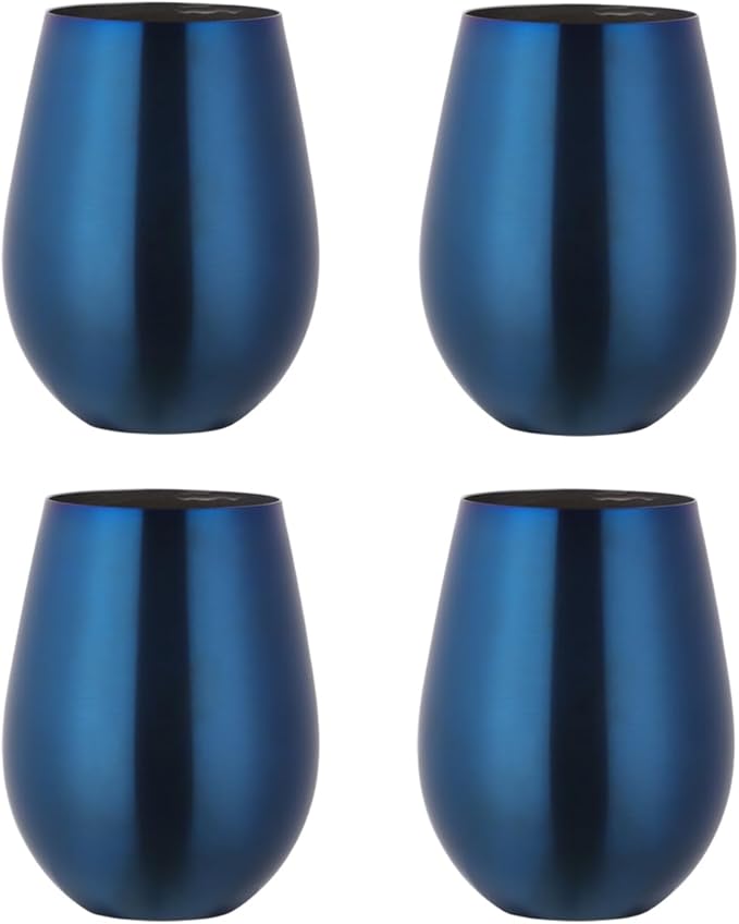 Buyer Star 304 Stainless Steel Wine Glasses Set of 4 - Large 17 oz Outdoor Stemless Wine Tumblers - 100% Unbreakable & Stemless Metal Drinking Cups for Home and Outdoors Dishwasher safe (Blue)