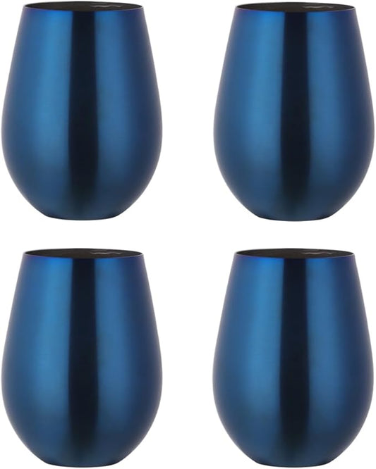 Buyer Star 304 Stainless Steel Wine Glasses Set of 4 - Large 17 oz Outdoor Stemless Wine Tumblers - 100% Unbreakable & Stemless Metal Drinking Cups for Home and Outdoors Dishwasher safe (Blue)