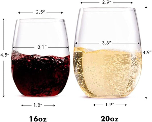 TaZa Outdoor Wine Glasses Stemless, 16oz Set of 4, Unbreakable Tritan Plastic Drinkware, Dishwasher Safe Reusable Glasses, Clear Shatterproof Glassware