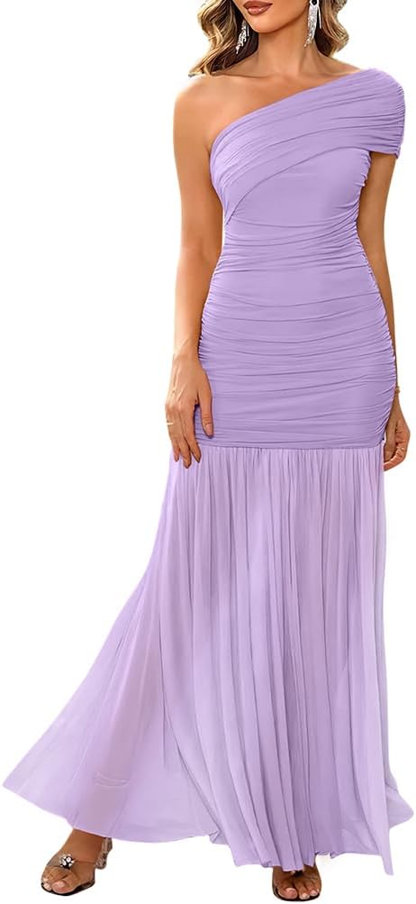 LAGSHIAN Women's Elegant Formal Long Dress One Shoulder Sleeveless Ruched Bodycon Evening Dress