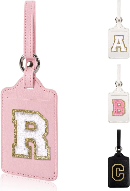Personalized Initial Luggage Tags for Suitcases, Leather Chenille Letter Cute Luggage Tags with Privacy Name Card, Embroidered Travel Bag Backpack Tags Gifts for Women Kids Girls Teens(Pink-R)