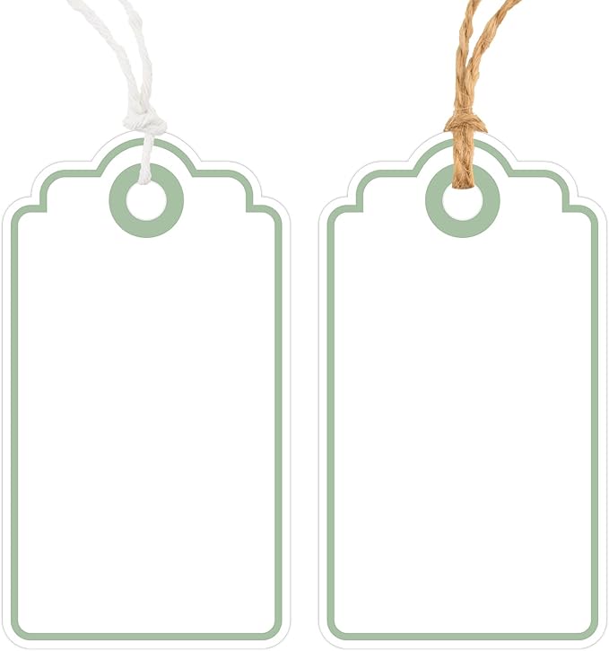 Anwyll Gift Tags with String - 100Pcs Green Gift Bag Tags Personalized White Blank Hanging Paper Label Tag for Baby Shower Birthday Party Wedding Christmas Favor Present