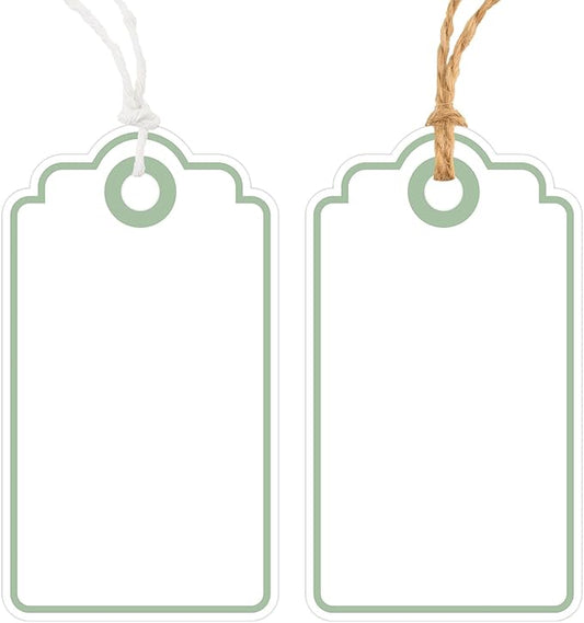 Anwyll Gift Tags with String - 100Pcs Green Gift Bag Tags Personalized White Blank Hanging Paper Label Tag for Baby Shower Birthday Party Wedding Christmas Favor Present
