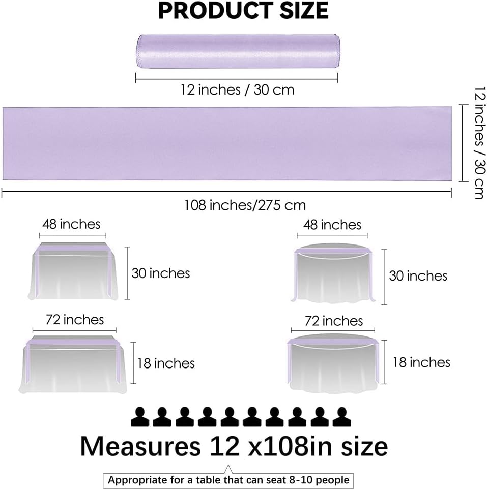 12 Pack Satin Table Runner 12 x 108 Inch Long Satin Table Runners for Wedding Banquet Graduations Birthday Party Decoration (Light Purple)