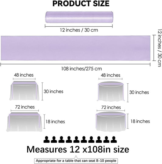 12 Pack Satin Table Runner 12 x 108 Inch Long Satin Table Runners for Wedding Banquet Graduations Birthday Party Decoration (Light Purple)