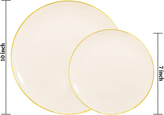 PULOTE 60 PCS Ivory Plastic Plates - Cream Plastic Disposable Include 30 Dinner and 30 Dessert Plates with Gold Rim - Ideal for Party & Wedding
