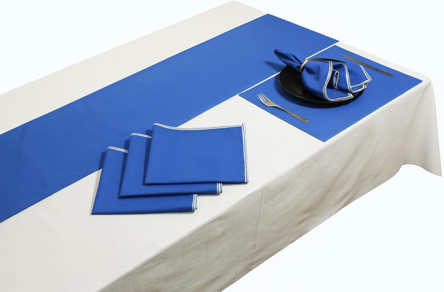 Indtresor Indian Heritage Fabric Cotton Table Linen Reversible Set Runner Napkins Mats in Blue White