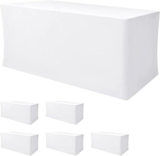 Nasitos White Fitted Table Covers for 6 Foot Tables - 72 x 30 Inch - 6 Pack Stretch Spandex Rectangle Table Clothes, Polyester Fabric Tablecloths for Parties, Trade Show, Craft Show, Birthday