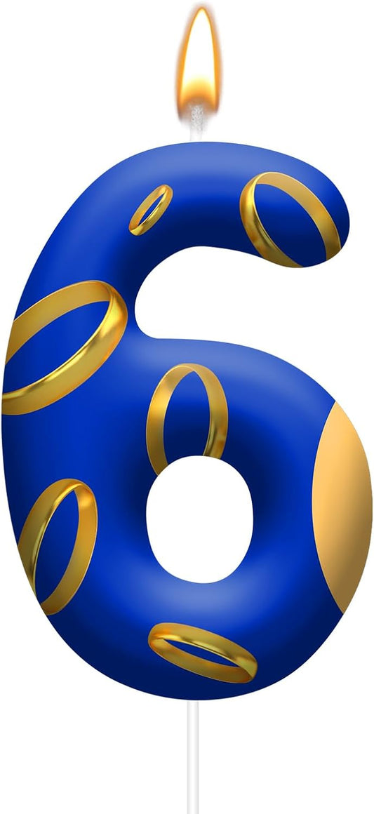Birthday Cake Candles - Blue and Golden Ring Number Candles with Vibrant Designs for Boys & Girls, Theme Birthday Party Decorations,Cake Toppers for Theme Parties(Number 6)