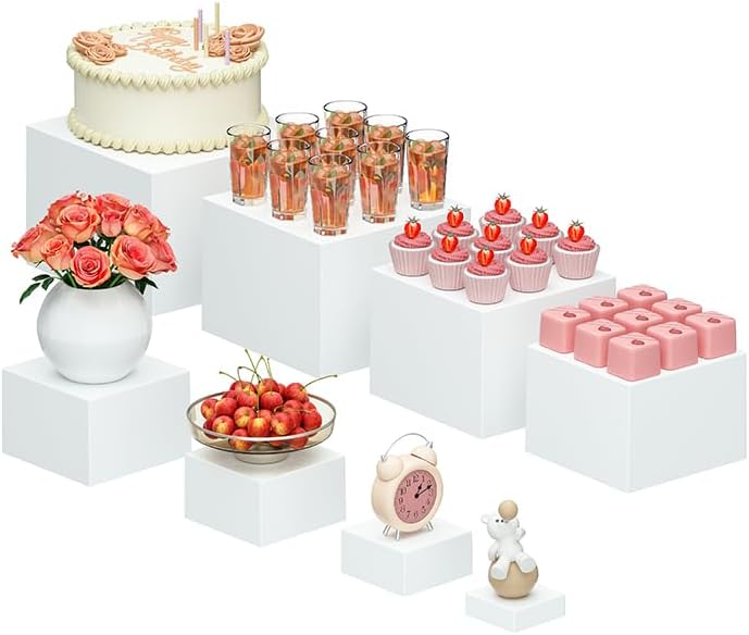 Food Service Display Stands ,5-Sided Plastic Riser with Hollow Bottoms,Perfect for Parties,Brunch,Buffet or Item Display (8PCs)