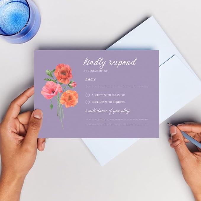 Personalized Wedding RSVP Cards On Glossy Thick Card With Envelope, Personalized Reponse, 5 x 3.5 Inches, Set of 15 Custom Cards with White Envelopes (Purple)