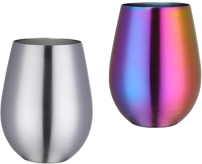 Buyer Star 304 Stainless Steel Wine Glasses Set of 2 - Large 17 oz Outdoor Stemless Wine Tumblers - 100% Unbreakable & Stemless Metal Drinking Cups for Home and Outdoors (Silver&Rainbow)