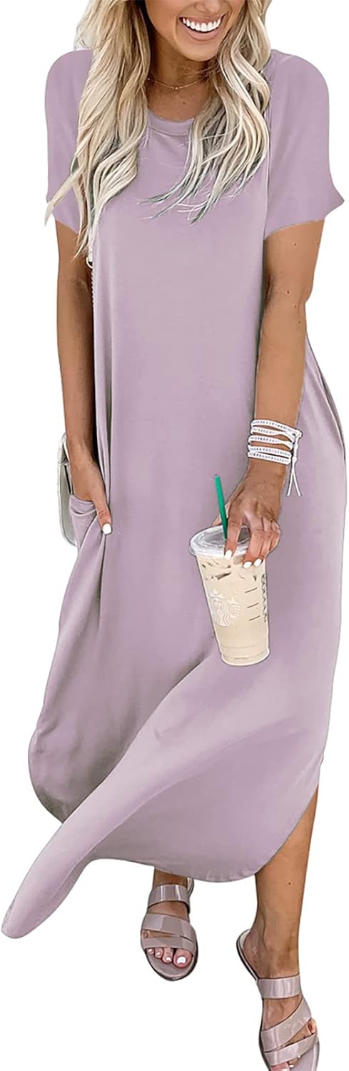 ANRABESS Womens Summer Maxi Dress Short Sleeve Casual Loose Long T Shirt Dresses Split Vacation Beach Sundress Travel Outfits