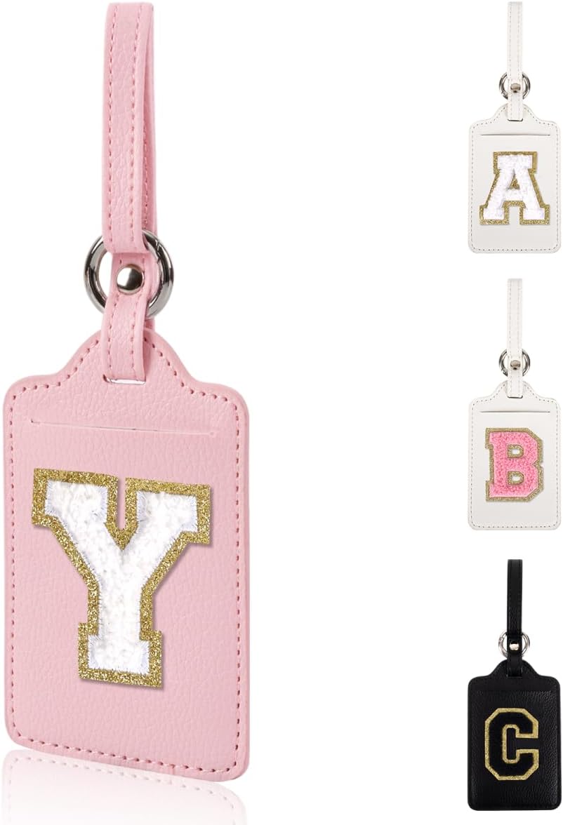 Personalized Initial Luggage Tags for Suitcases, Leather Chenille Letter Cute Luggage Tags with Privacy Name Card, Embroidered Travel Bag Backpack Tags Gifts for Women Kids Girls Teens(Pink-Y)