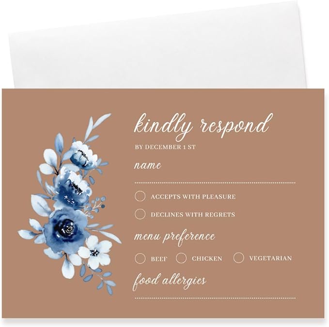 crafty-bell Glossy Finish Personalized Wedding RSVP Response Cards with White Envelopes, Blue Floral Design, 15 Count Respond Cards in Glossy Finish (Brown)