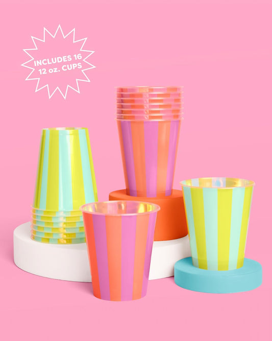 xo, Fetti Pink + Green Pool Party Plastic Cups | 16 pcs 12 oz | Summer Drinkware, Colorful Decorations, Bachelorette Party Drinks, Birthday Supplies