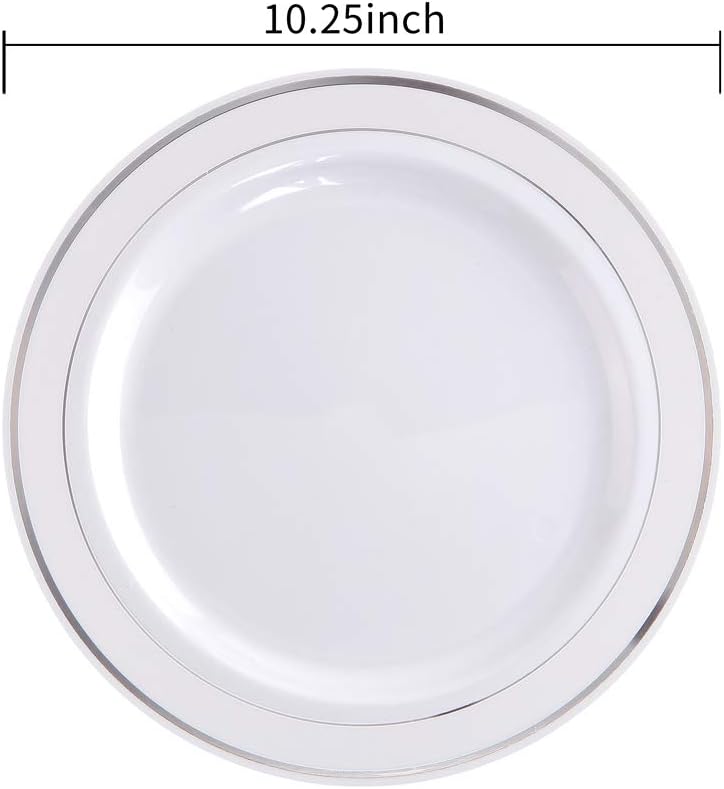 bUCLA 100Pieces Silver Plastic Plates - 10.25inch Silver Rim Disposable Dinner Plates - Ideal for Weddings, Parties & Christmas