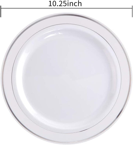 bUCLA 100Pieces Silver Plastic Plates - 10.25inch Silver Rim Disposable Dinner Plates - Ideal for Weddings, Parties & Christmas