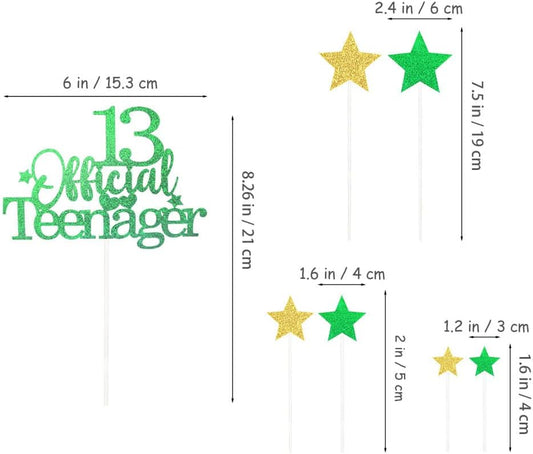 Glittery 13 Ofiicial Teenager Cake Topper with Star,13th Happy Birthday Cake Topper Party Decorations Party Supplies for Boys Girls Green Gold
