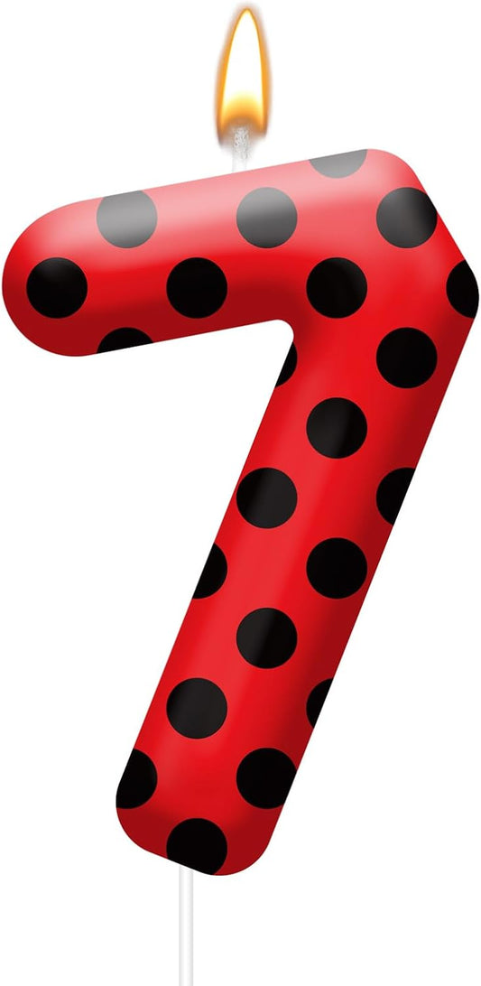 Ladybug Theme Birthday Candles - Red & Black Polka Dot Decorative Candles for Kids Ladybug Themed Parties, Baby Showers, Birthday Cakes, and Ladybird Inspired Celebrations(Number 7)