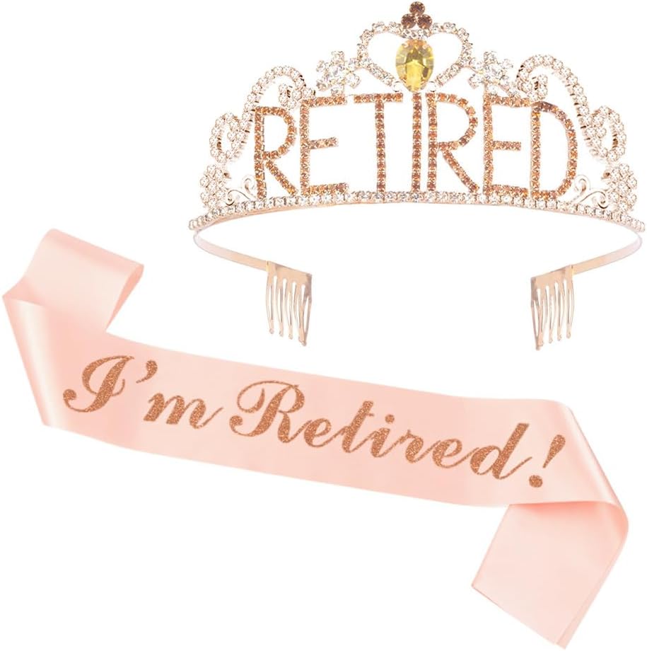 Happy Retirement Party Decorations for Women, Rosegold Banner, Star Coffee Pennant, Hanging Swirl, Latex Balloons, 70*43" Backdrops,108*54" Tablecloths, Cupcake Topper, Crown, Retired Sash