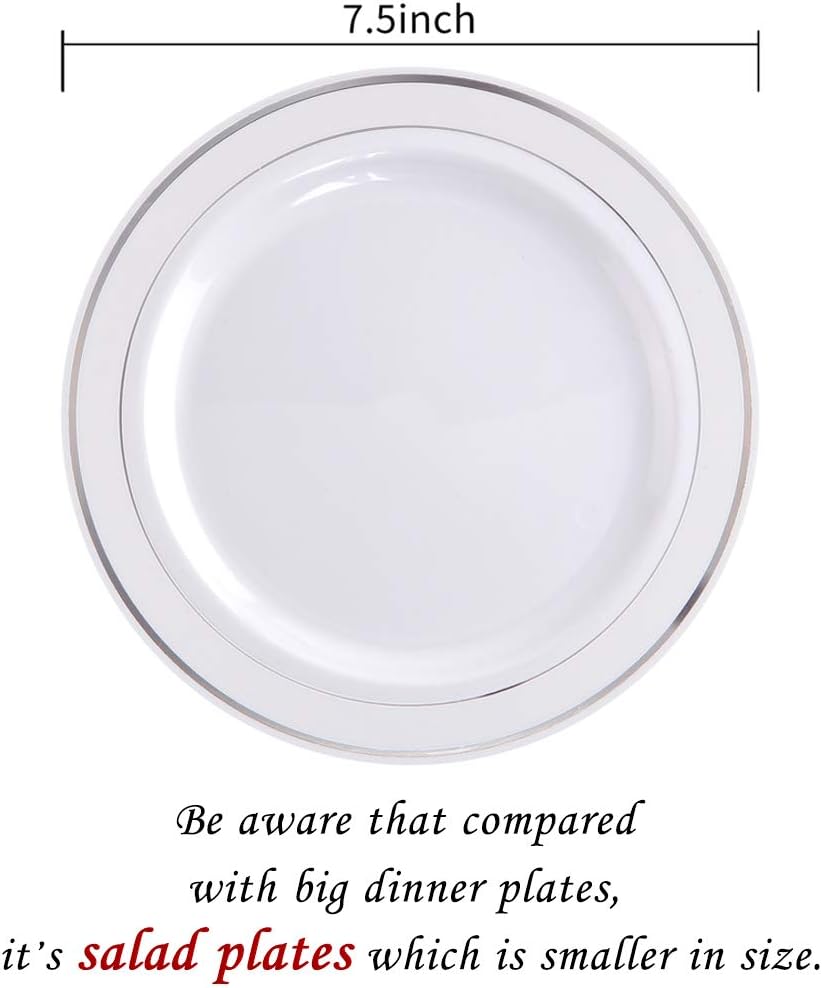 bUCLA 100Pieces Silver Rim Plastic Plates - 7.5inch Silver Salad/Dessert Plates Disposable - Ideal for Weddings, Parties & Christmas