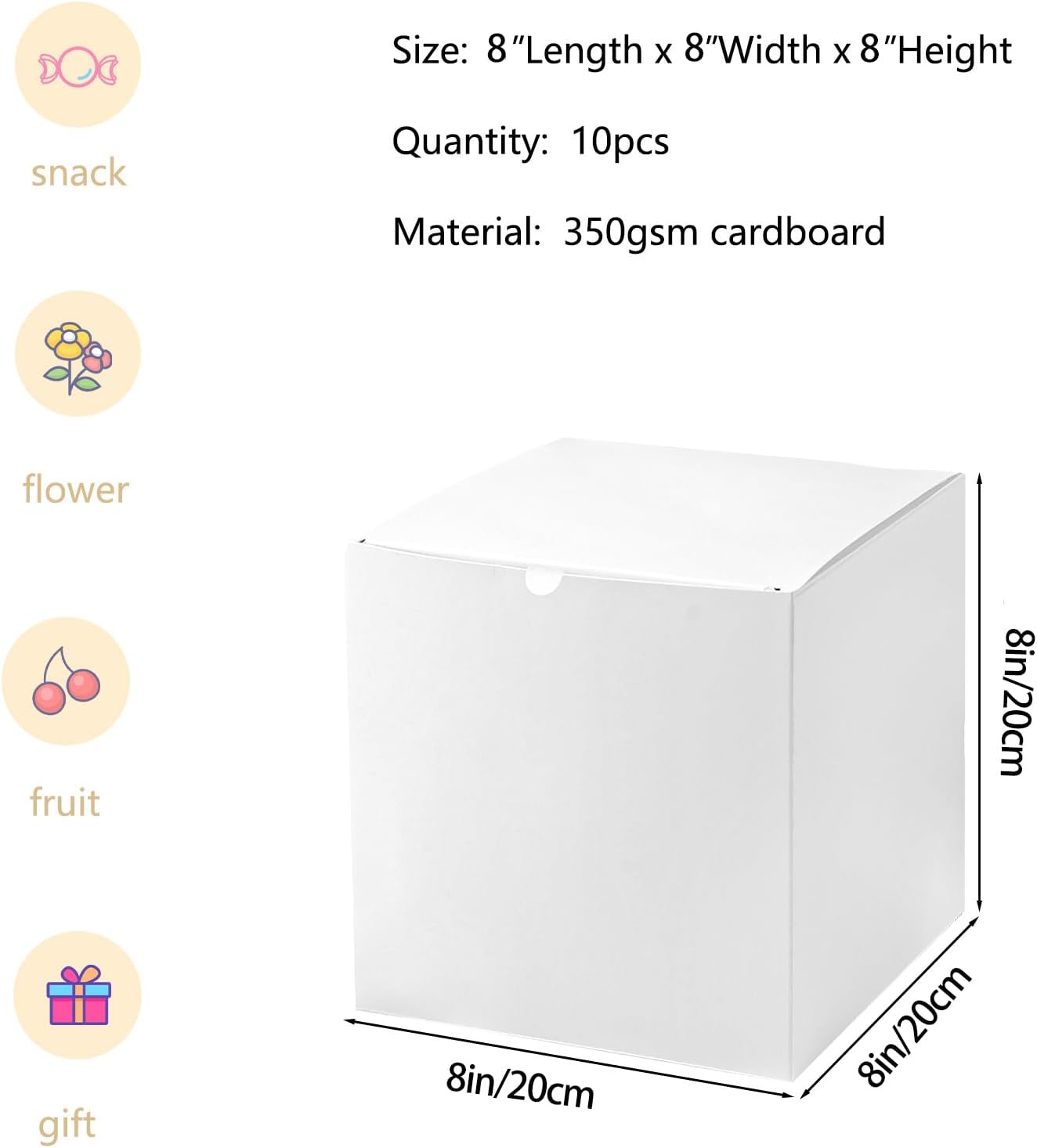 SHIPKEY 10PCS 8x8x8 Inch White Cardboard Gift Boxes with lids |Perfect for Party, Wedding, Christmas, Holidays, Birthdays, and Gifts Wrap, Cube Gift Boxes (20x20x20cm)