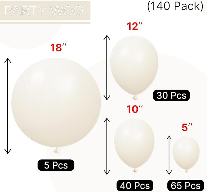 PartyWoo Beige Balloons 140pcs Different Sizes of 18 12 10 5 Inch Cream Ivory Balloon Arch Kit Garland for Wedding Bridal Graduation Baby Shower Easter Birthday Tea Boho Party Decorations White-Q08