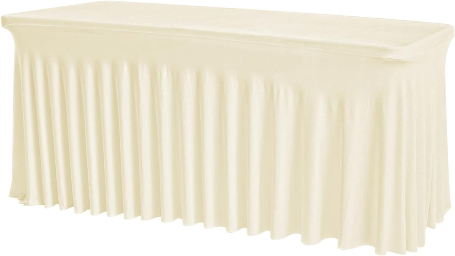 6FT Ivory Rectangular Tablecloth - Washable & Wrinkle-Free Stretch Fit with Table Skirt Design for 72 Inch Tables, Perfect for Wedding Parties Banquet – Ideal for Event Planner & Home Host